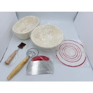 Sourdough Bread Baking Set 2 Rattan Proofing Baskets Whisk Lame Scraper Mat NEW